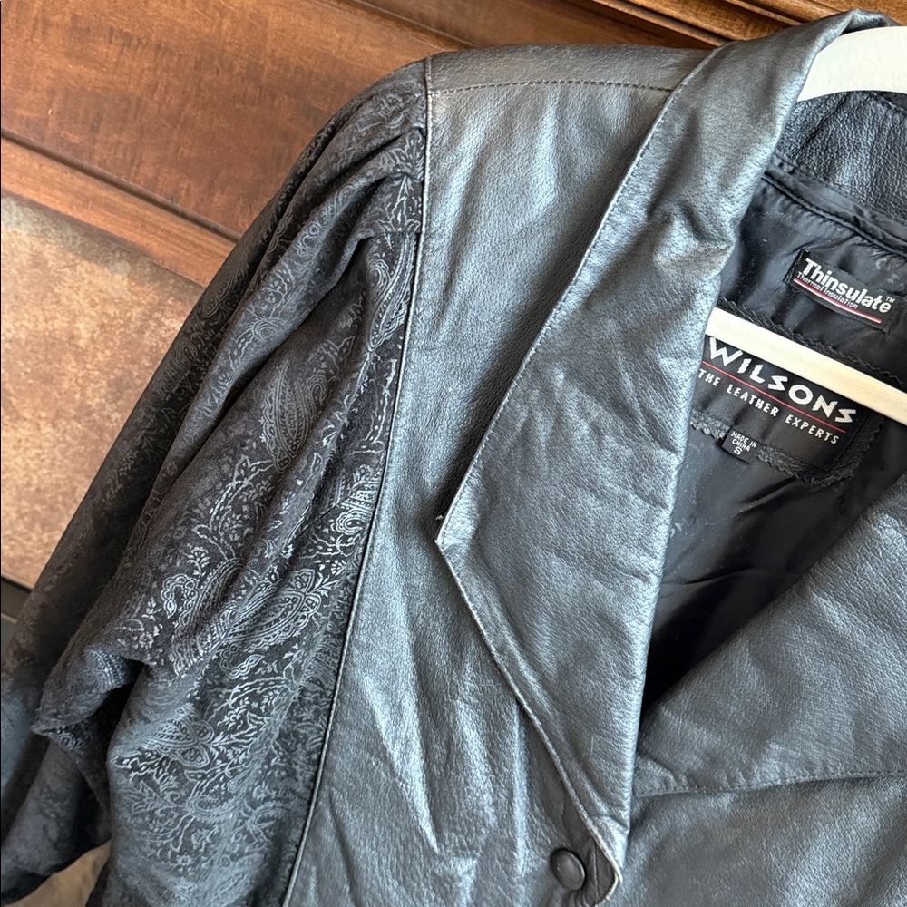 Wilson black leather jacket paisley burnout 80s 90s Whimsigoth dark romantic S - Picture 4 of 16